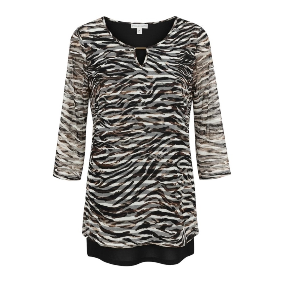 Dana Buchman Y2K Grunge Zebra Print Mesh Keyhole Top 3/4 Sleeve XL Brown Black